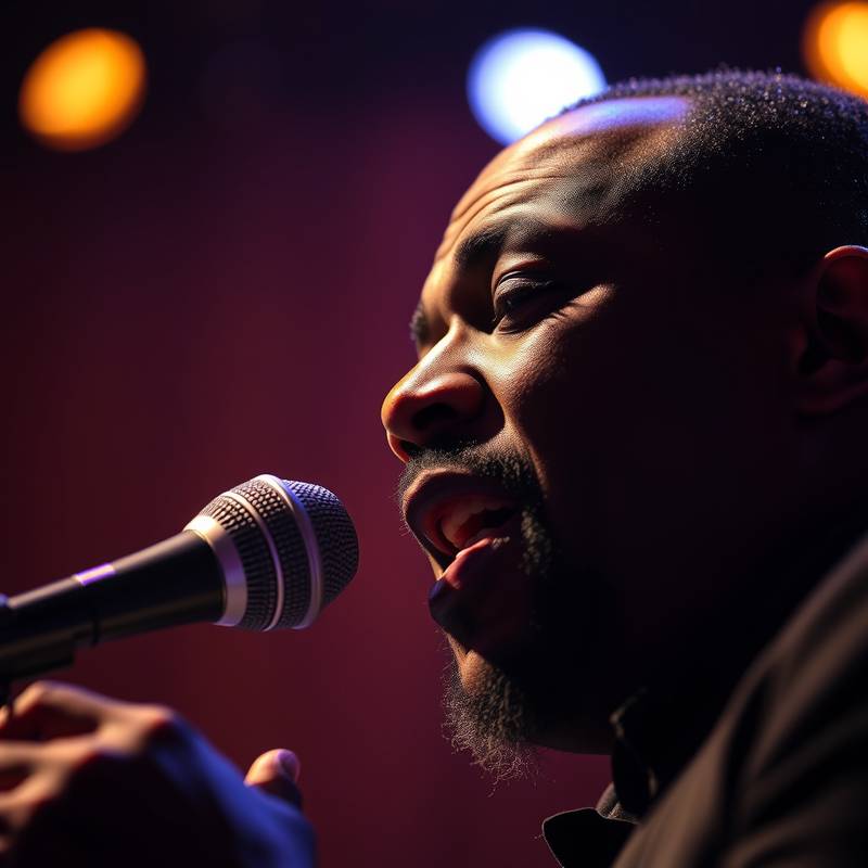 Een close up van een zanger die een jazz performance doet
