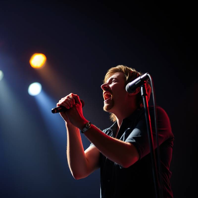 Een zanger die vol passie en expressie op het podium staat te zingen, met felle spotlights op hem gericht.
