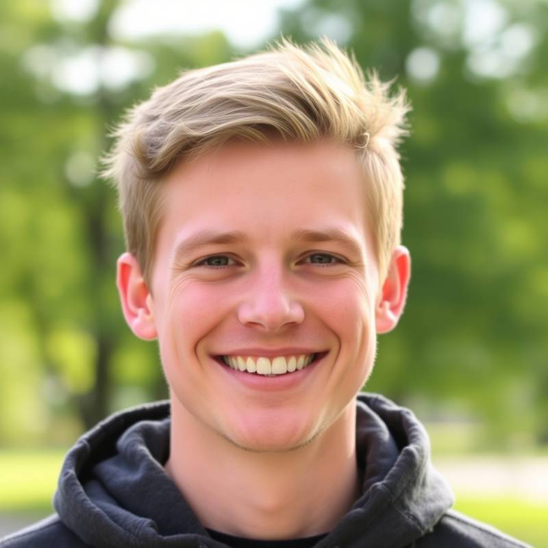 Portret van David Bakker, een tevreden student.